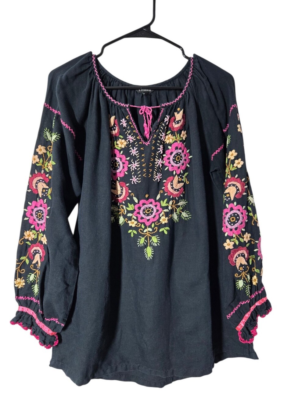 J. Peterman Floral Embroidered Blouse Tunic Top Linen Cotton Boho Peasant Artsy
